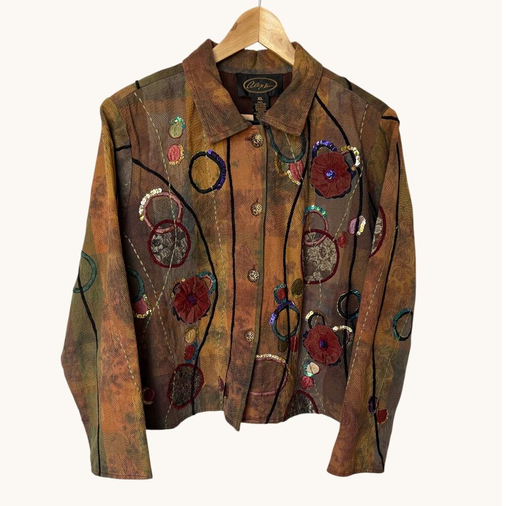 Vintage Alex Kim Embellished Jacket Whimsical Art to Wear Colorful Sequins sz XL